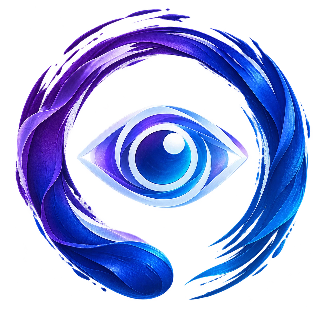 Layered blue and violet brushstrokes curve around a luminous eye, inspired by Xelora's logo.